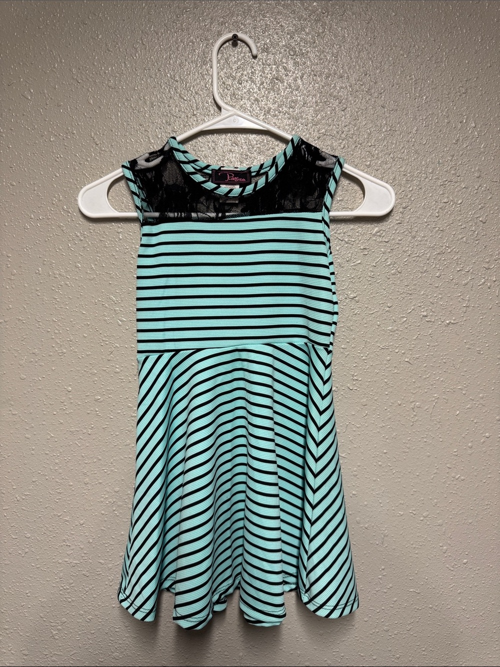 Aqua & Black Striped Fit-and-Flare Dress with Lace Yoke